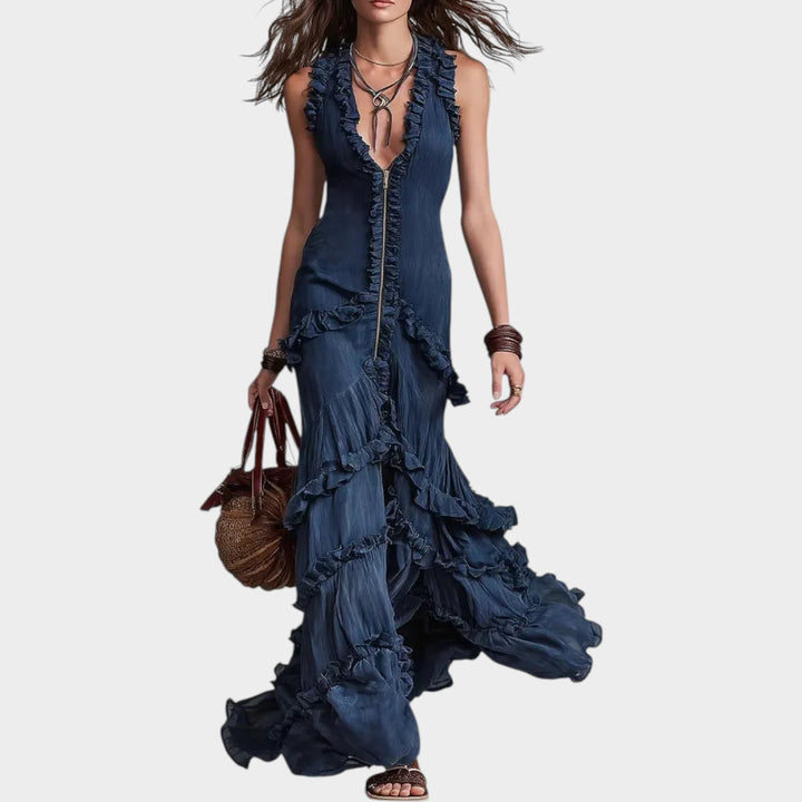 Ruffled Deep V-Neck Maxi Dress