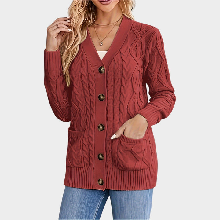Women's Cable Knit Cardigan V Neck Button Front Mid Length