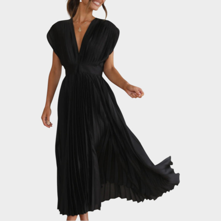 Pleated V-Neck Midi Dress