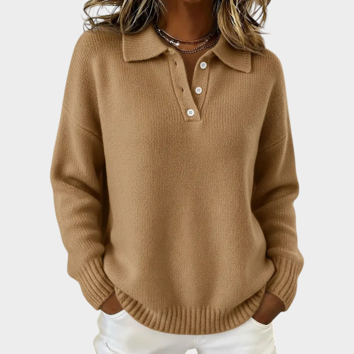 Women's Polo Knit Sweater Button Detail Soft Finish