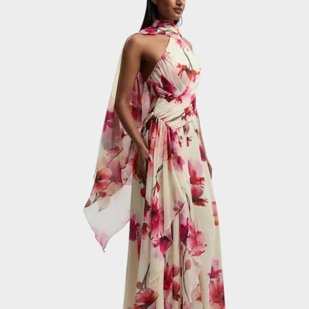 Halter-Neck Floral Chiffon Maxi Dress