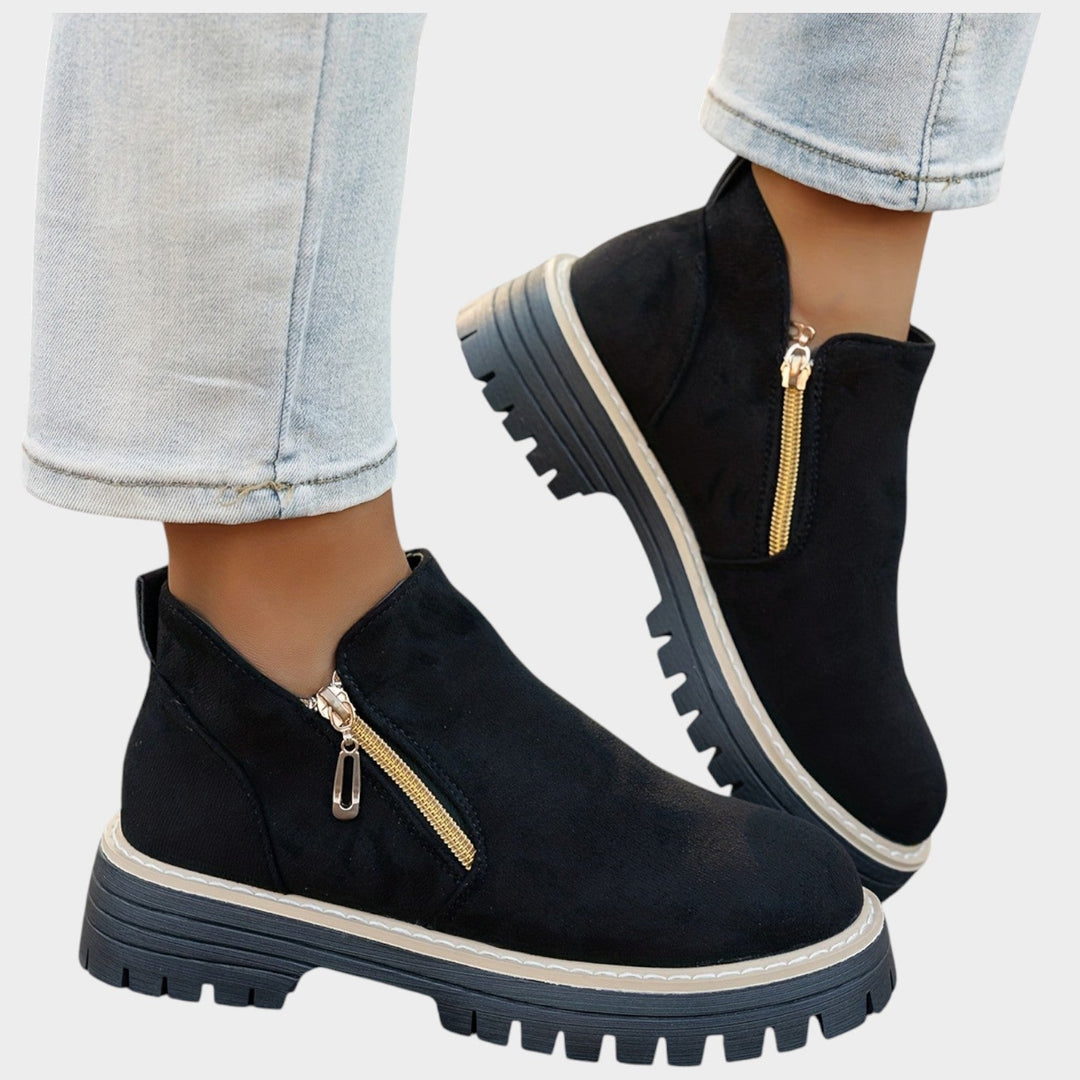 Women's Ankle Boots Double Zipper Thick Sole Solid Color