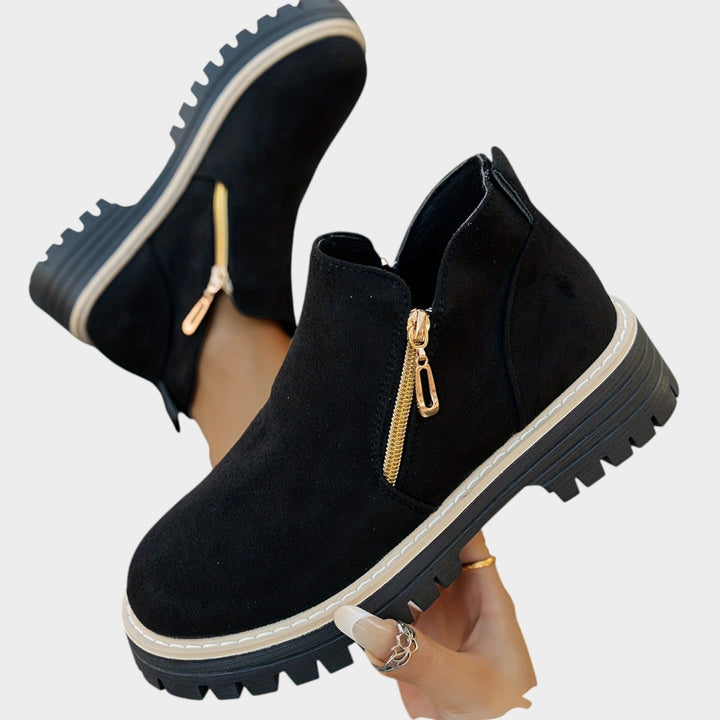 Women's Ankle Boots Double Zipper Thick Sole Solid Color