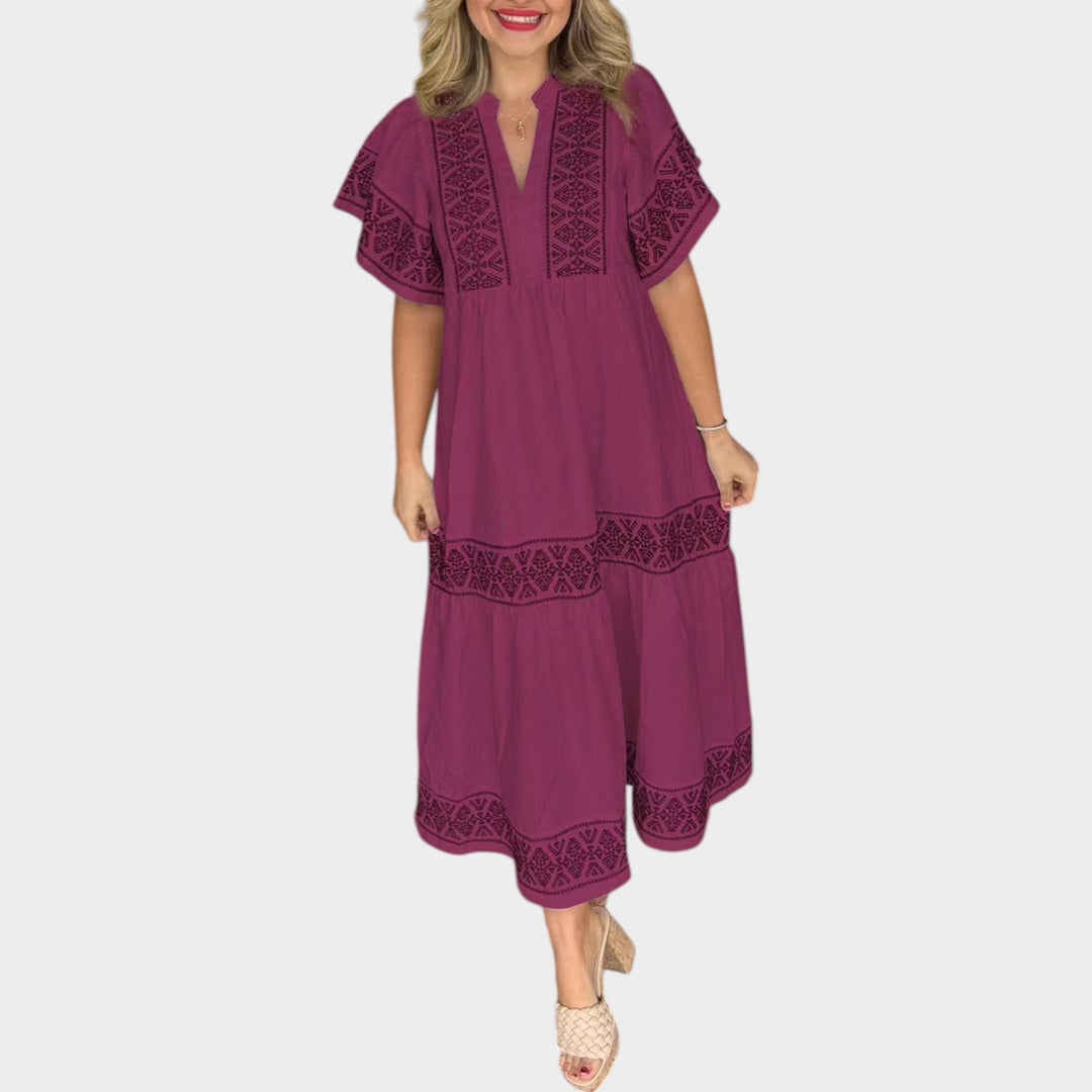 Boho Embroidered Tiered Midi Dress