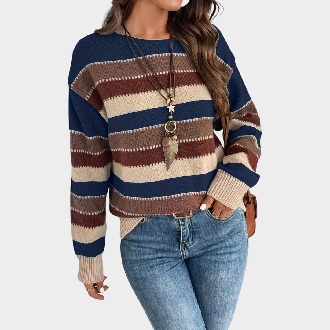 Women’s Knit Sweater Horizontal Stripe Round Neck Loose Fit