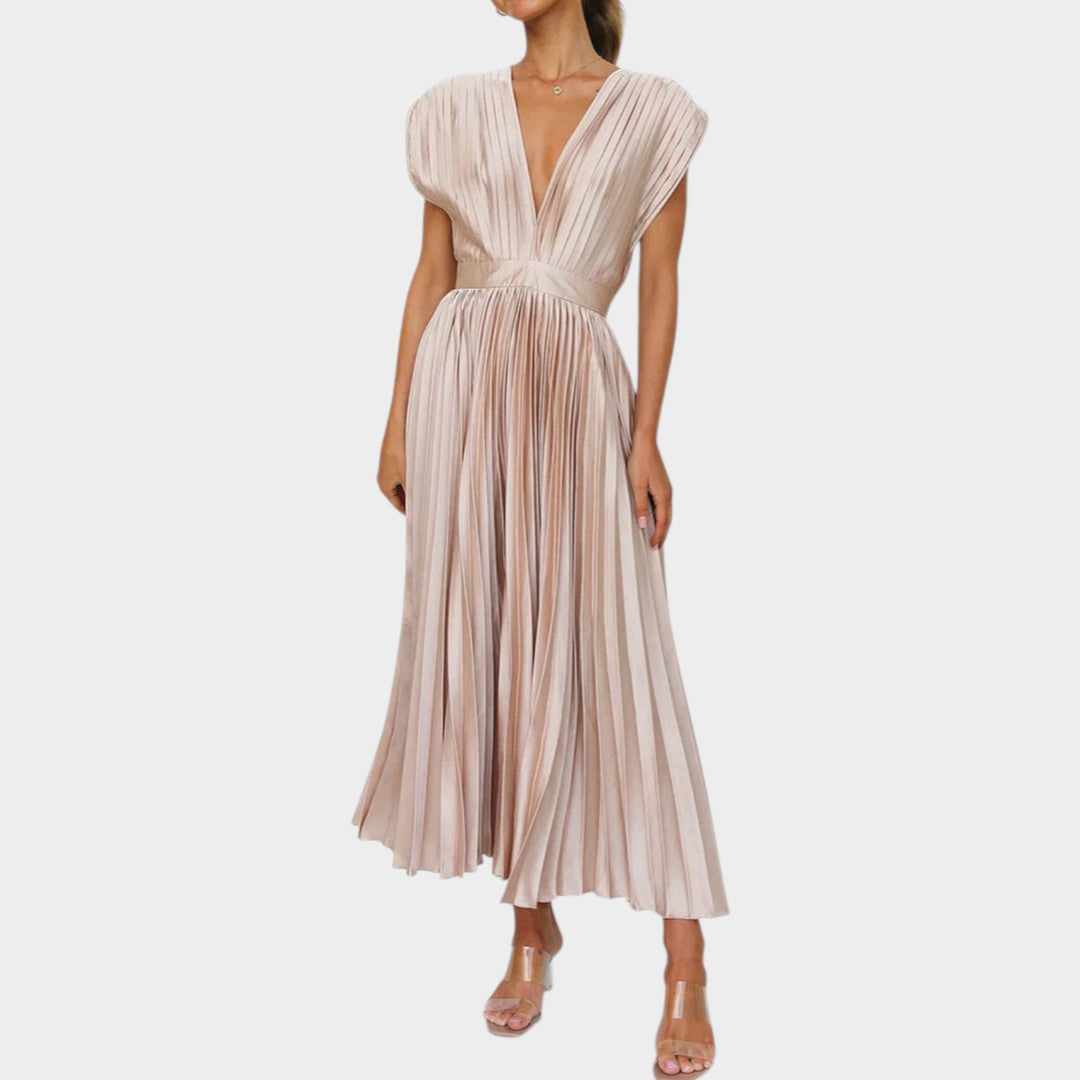 Pleated V-Neck Midi Dress