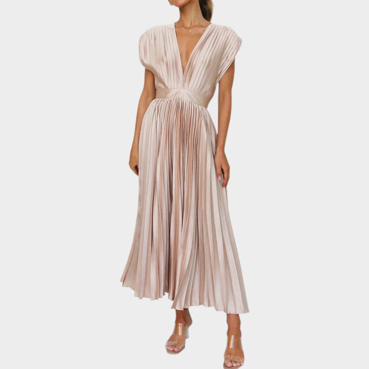 Pleated V-Neck Midi Dress