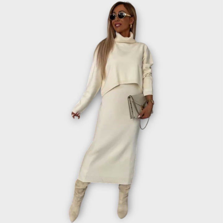 Women’s Two Piece Knit Set Turtleneck Sweater Midi Skirt