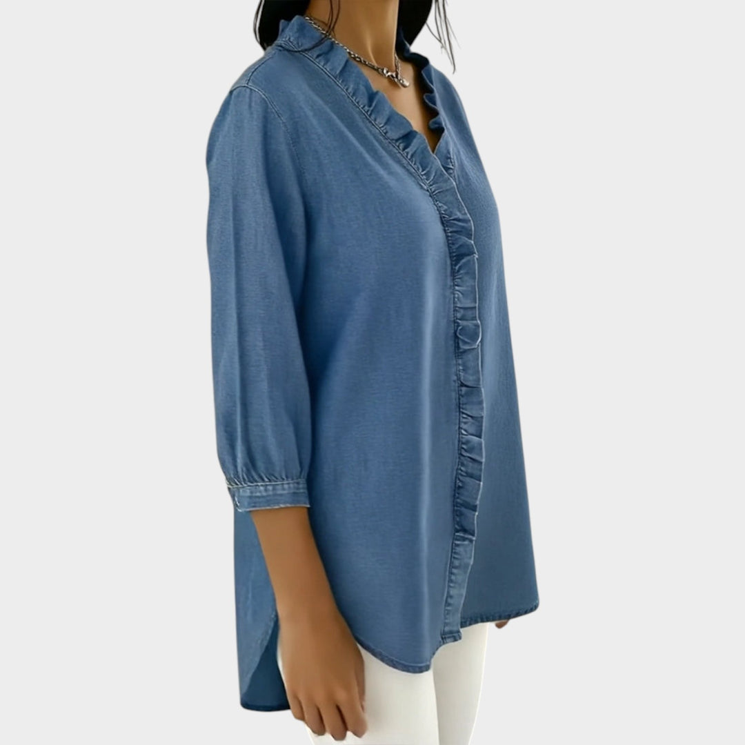 Ruffle Trim Button-Up Denim Blouse