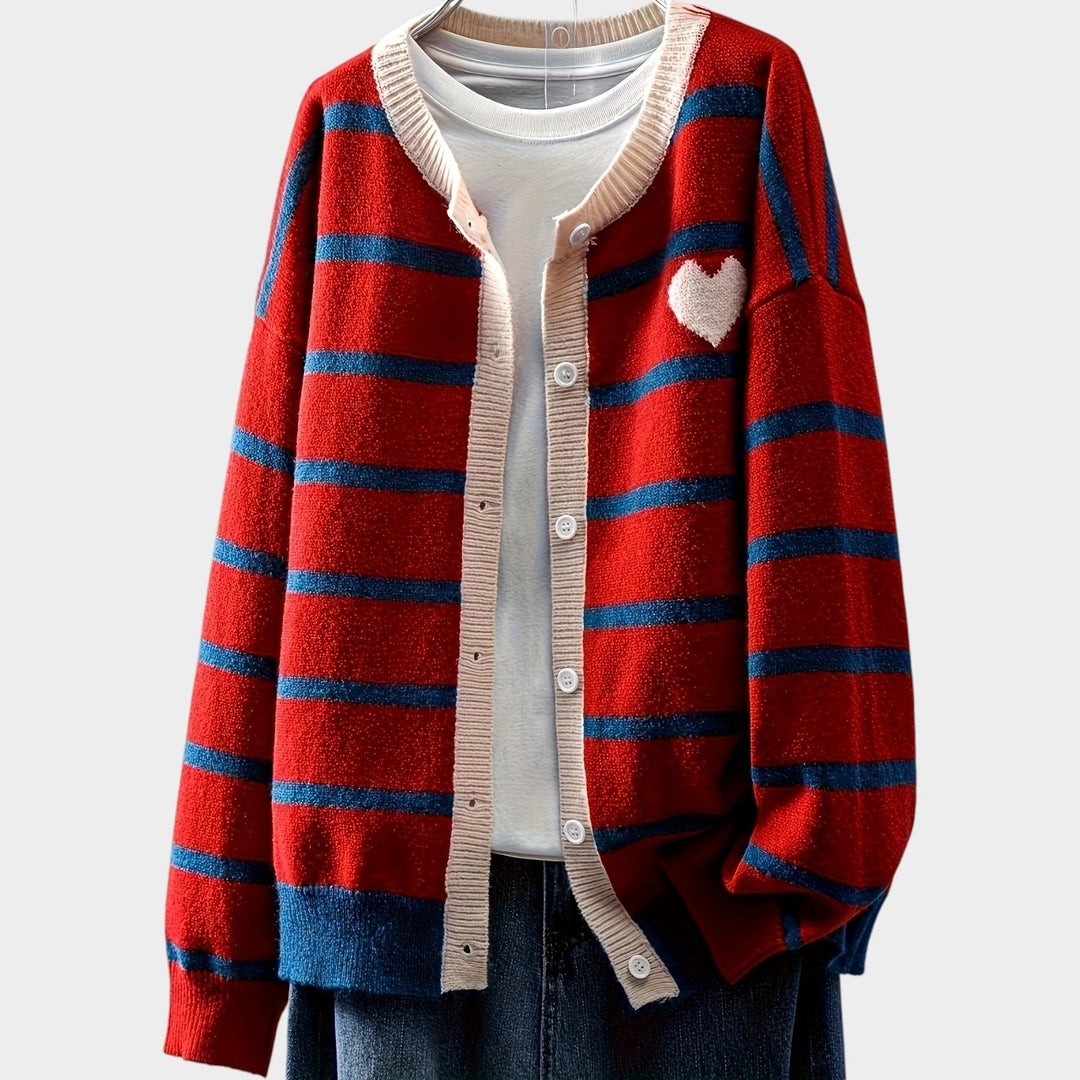 Women's Striped Knit Cardigan Heart Pattern Button Front