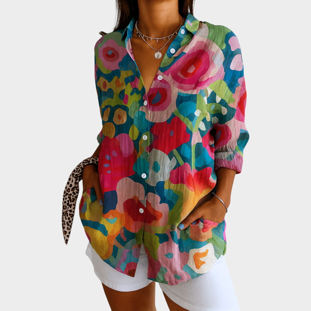 Abstract Floral Button-Up Blouse