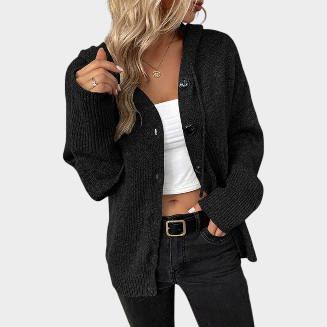 Women's Knit Cardigan Button Front V Neck Hooded