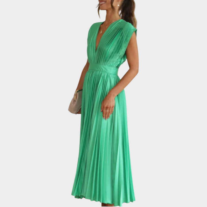 Pleated V-Neck Midi Dress