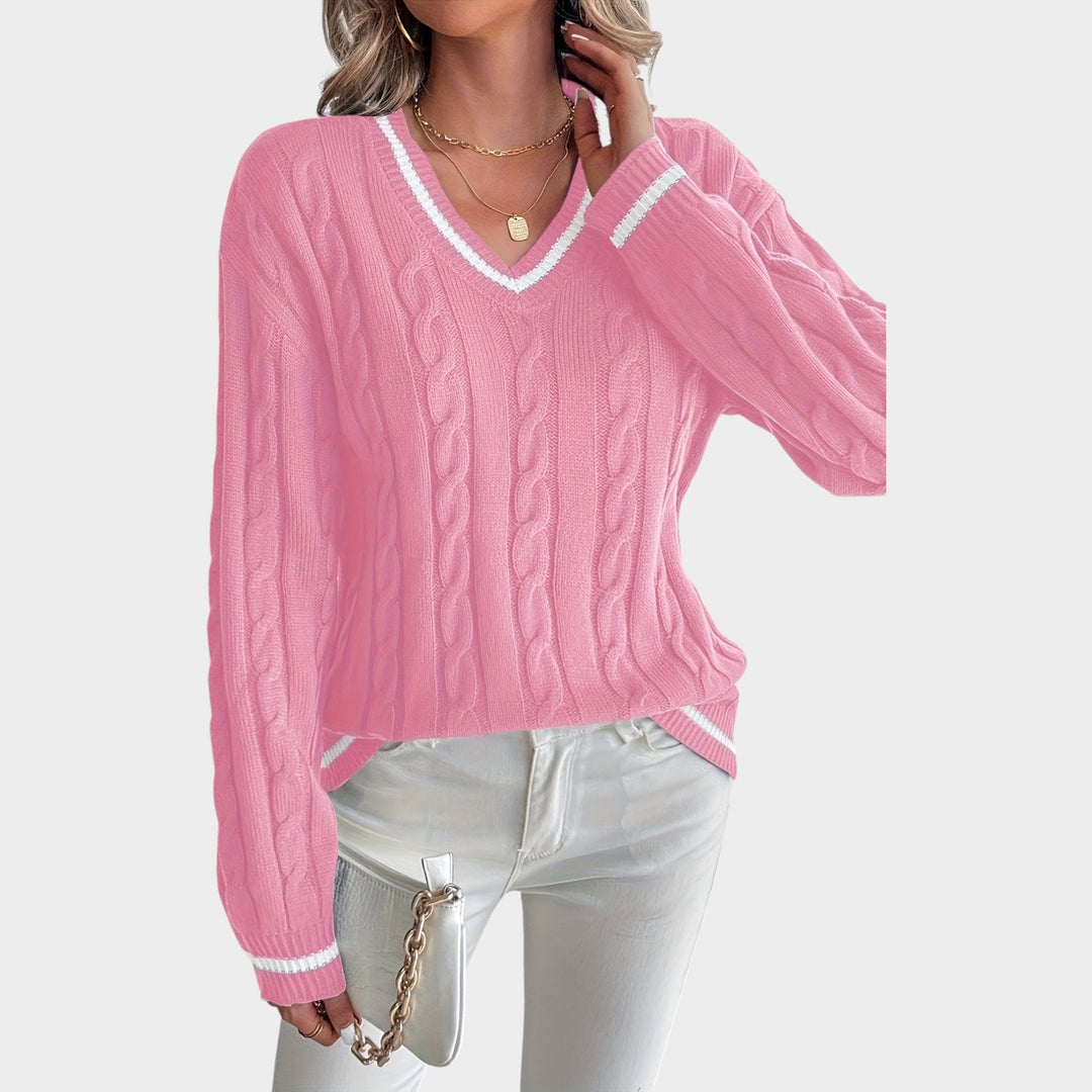 Women's Cable Knit Sweater Striped Trim Drop Shoulders
