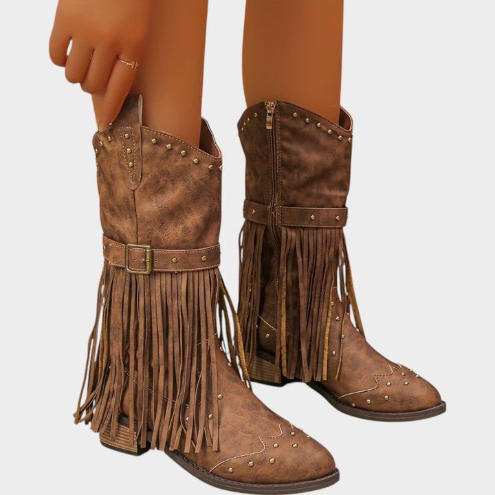 Women’s Cowboy Boots Leather Western Fringe Mid Calf Boots