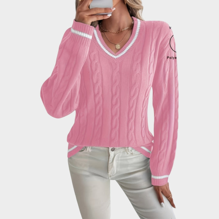 Women's Cable Knit Sweater Striped Trim Drop Shoulders