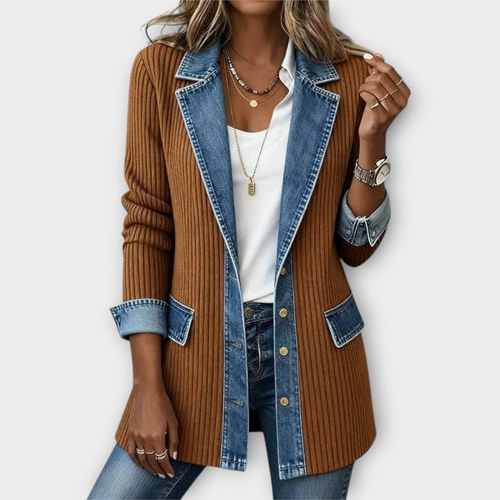 Women's Denim Detail Ribbed Knit Cardigan