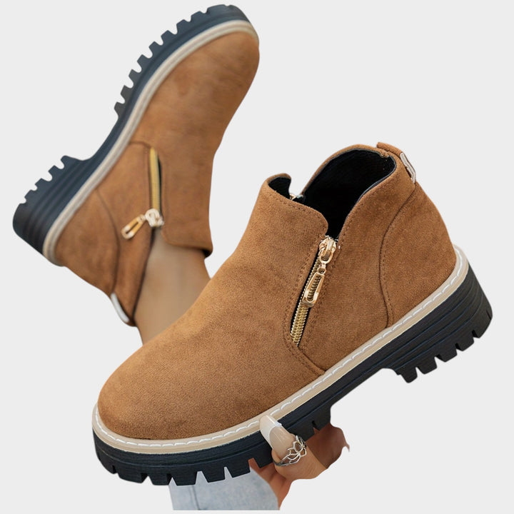 Women's Ankle Boots Double Zipper Thick Sole Solid Color
