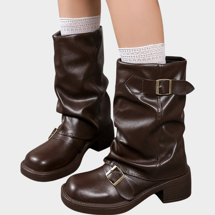 Women’s Slouch Boots Buckle Chunky Heel Thick Sole Pleated