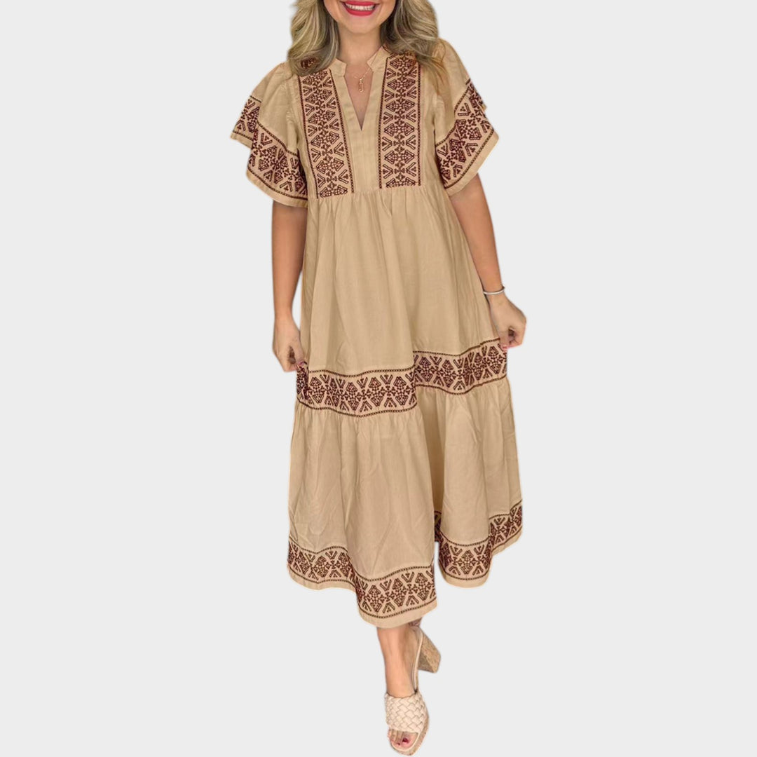 Boho Embroidered Tiered Midi Dress