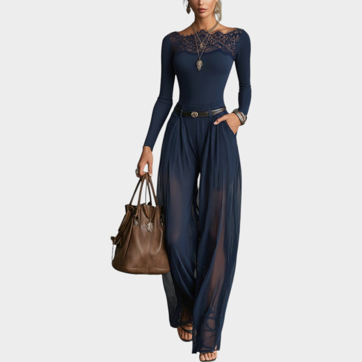 Sheer Wide-Leg Jumpsuit with Lace Detail