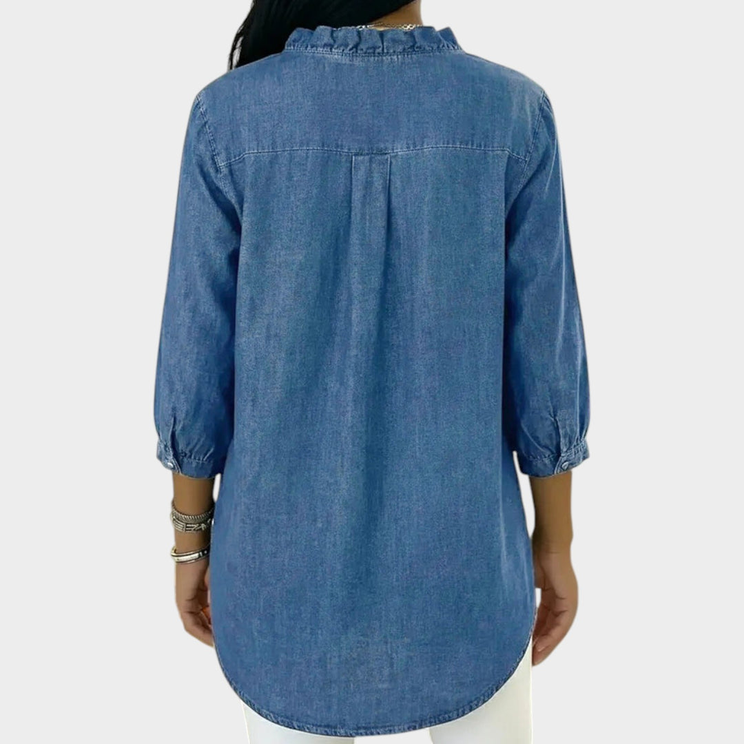 Ruffle Trim Button-Up Denim Blouse