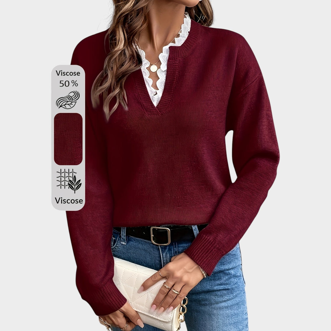 Women’s Knit Sweater Lace Collar Drop Shoulder Long Sleeve
