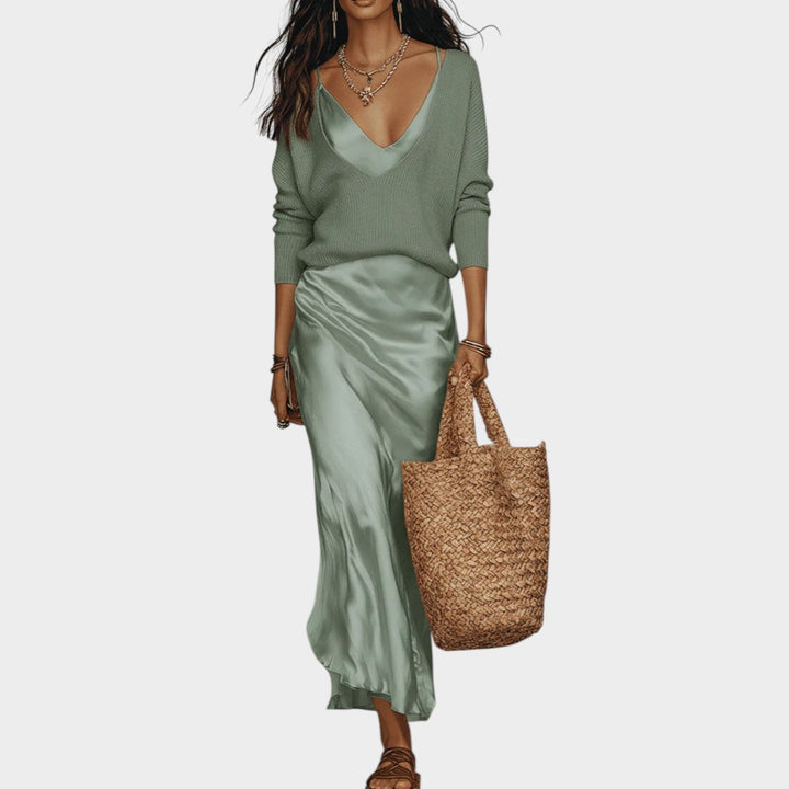 Sophisticated Knit and Satin Skirt Set