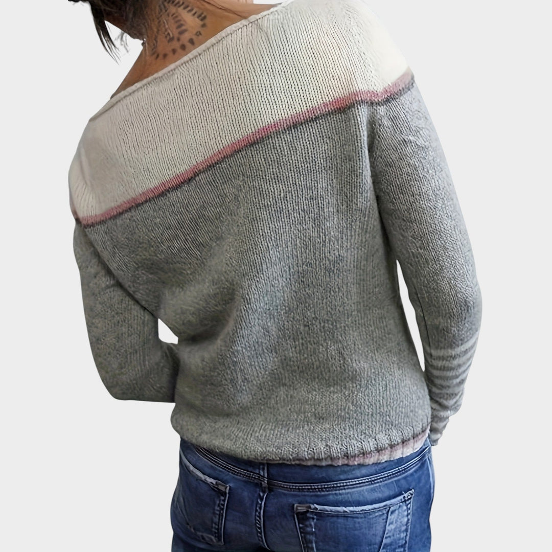 Women’s Knit Sweater Asymmetric Color Block Long Sleeve