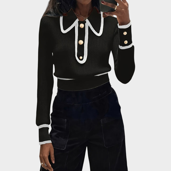 Women’s Knit Sweater Spliced Lapel Metal Button Detail