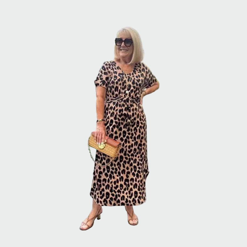 Dress with Leopard Print and Impressive V-Shaped Neckline