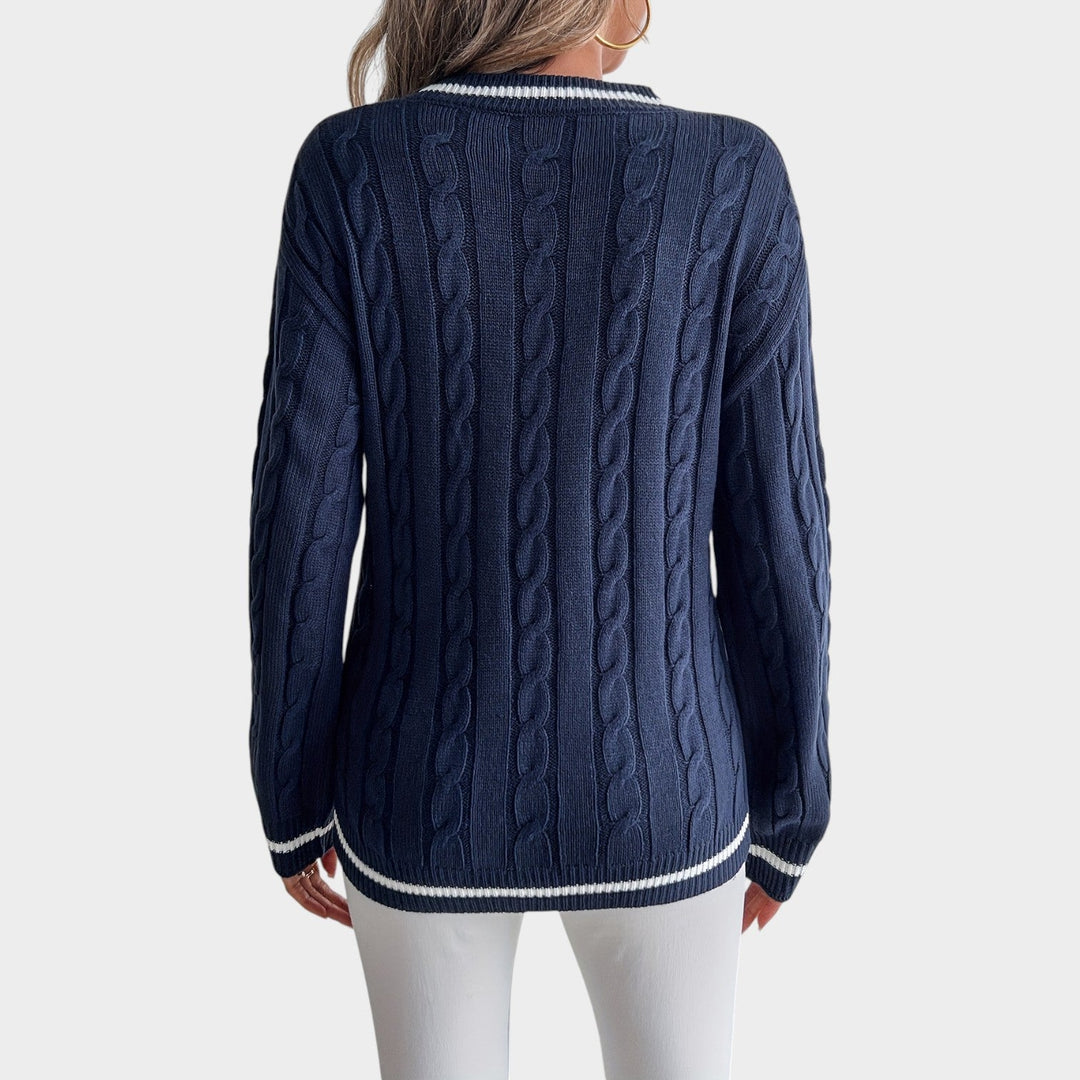 Women's Cable Knit Sweater Striped Trim Drop Shoulders