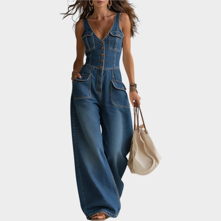 Retro Button-Up Denim Jumpsuit