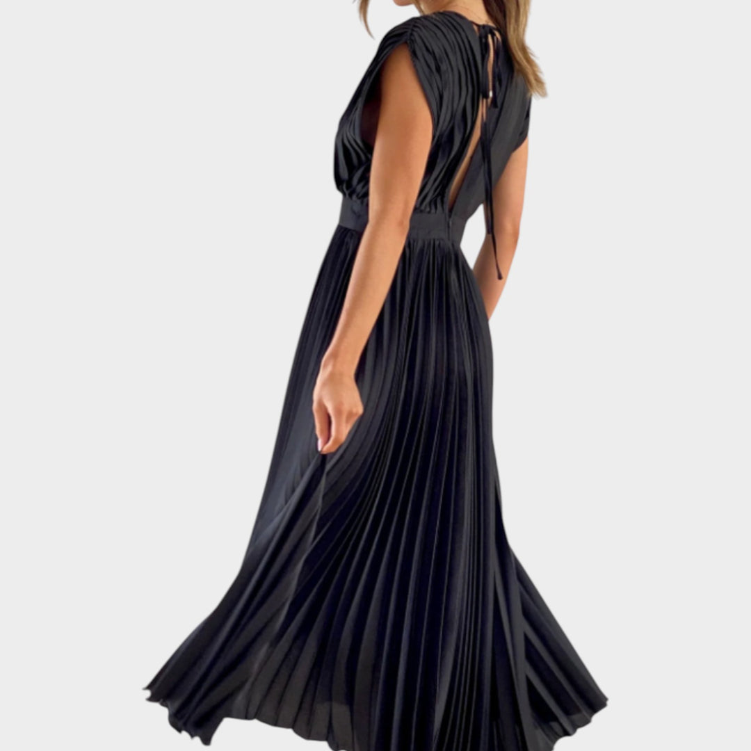 Pleated V-Neck Midi Dress