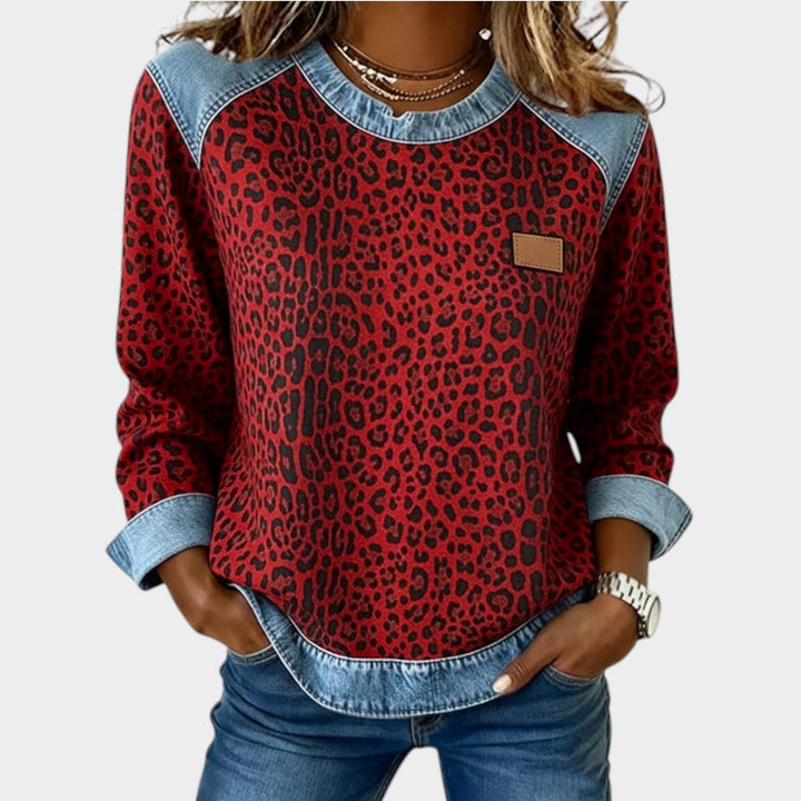 Women’s Leopard Print Denim Trim Top