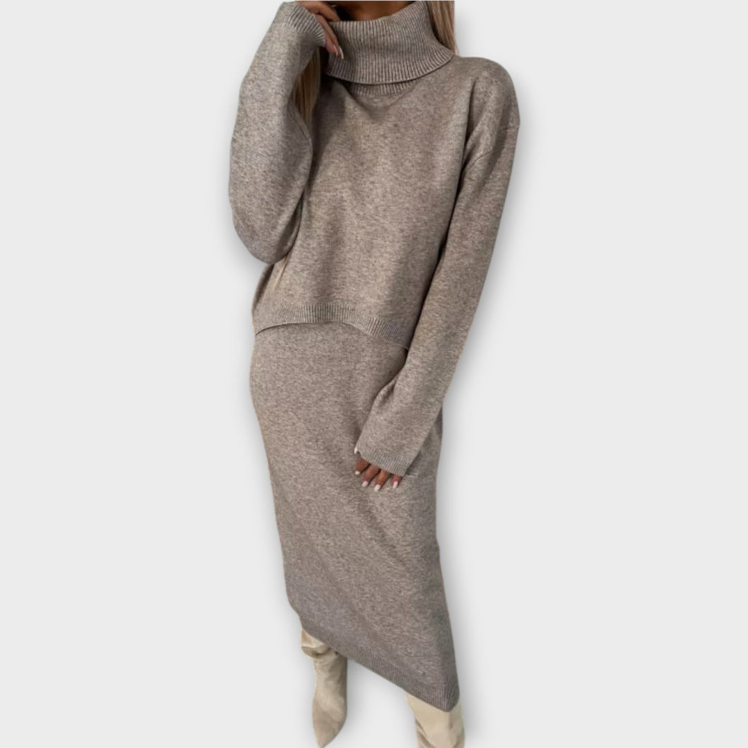 Women’s Two Piece Knit Set Turtleneck Sweater Midi Skirt