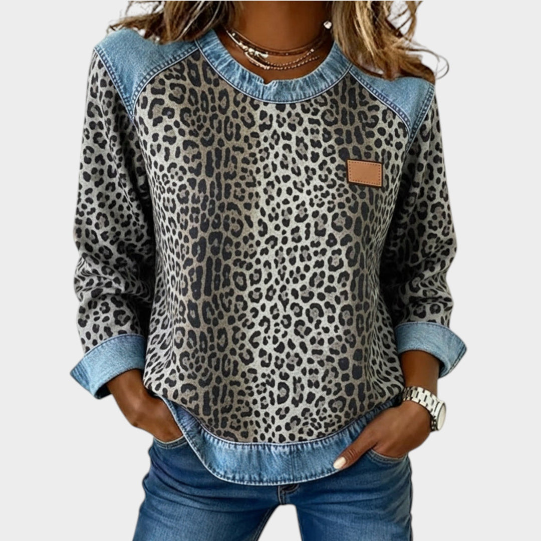 Women’s Leopard Print Denim Trim Top