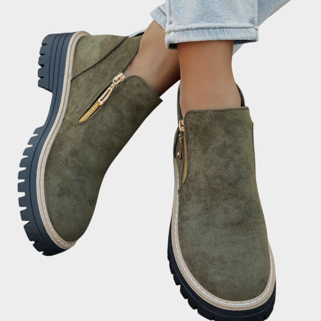 Women's Ankle Boots Double Zipper Thick Sole Solid Color