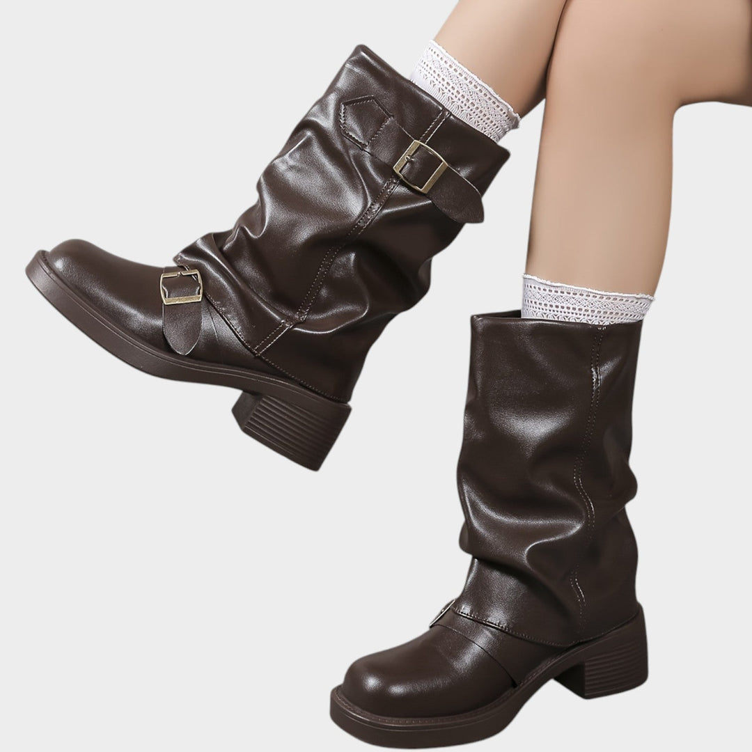 Women’s Slouch Boots Buckle Chunky Heel Thick Sole Pleated