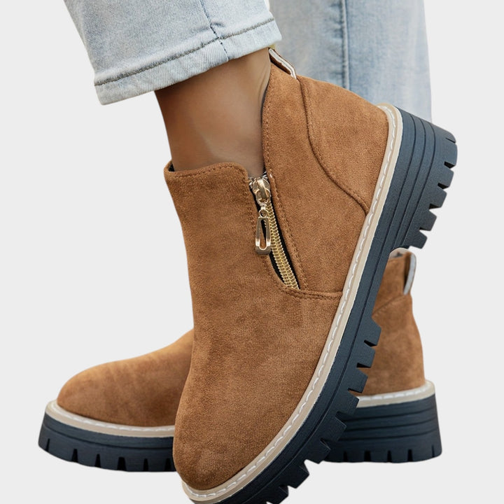 Women's Ankle Boots Double Zipper Thick Sole Solid Color