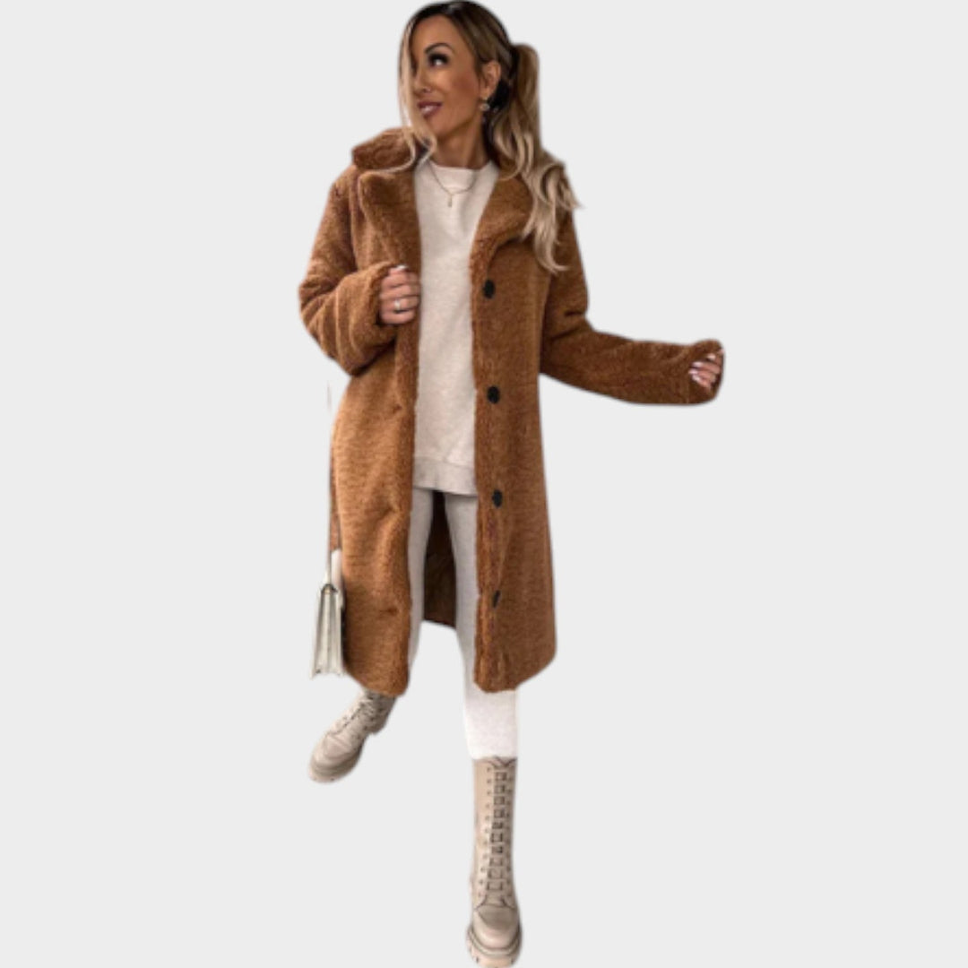 Women's Long Teddy Coat Faux-Fur Button Front