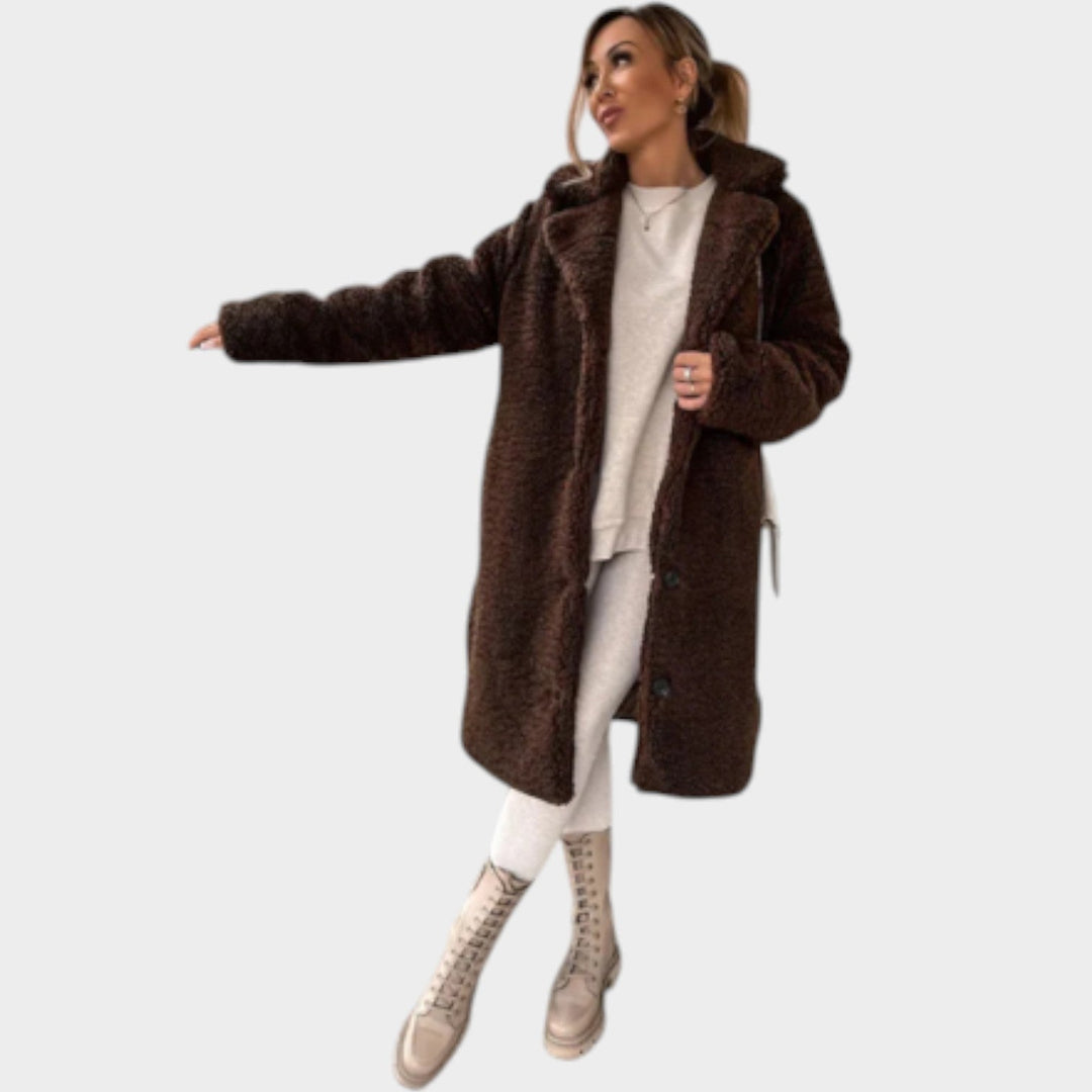 Women's Long Teddy Coat Faux-Fur Button Front