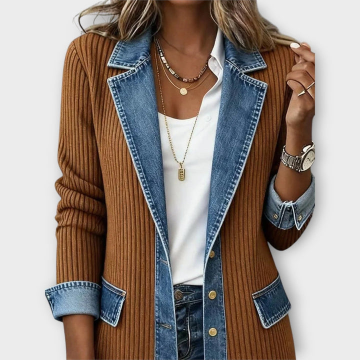 Women's Denim Detail Ribbed Knit Cardigan