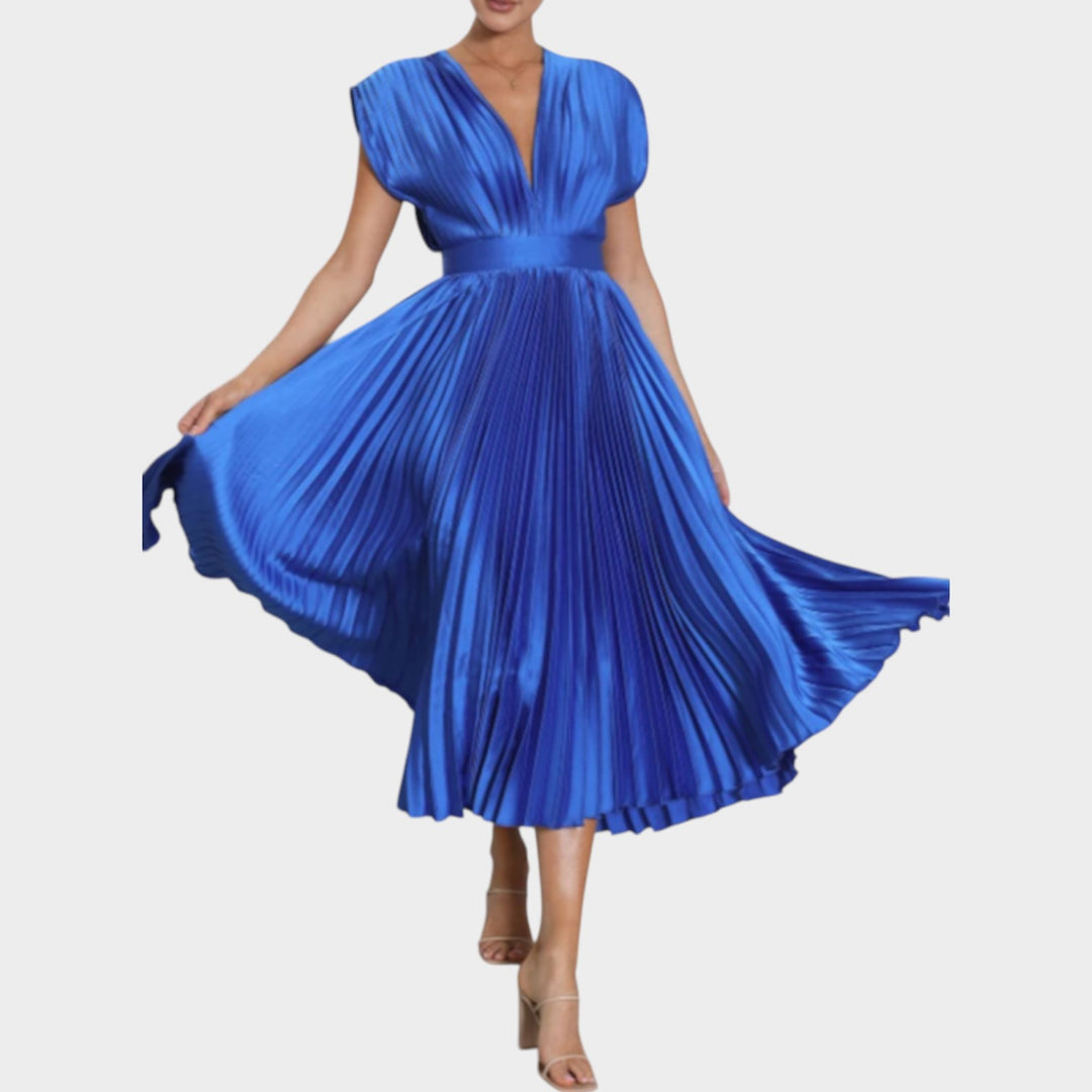 Pleated V-Neck Midi Dress