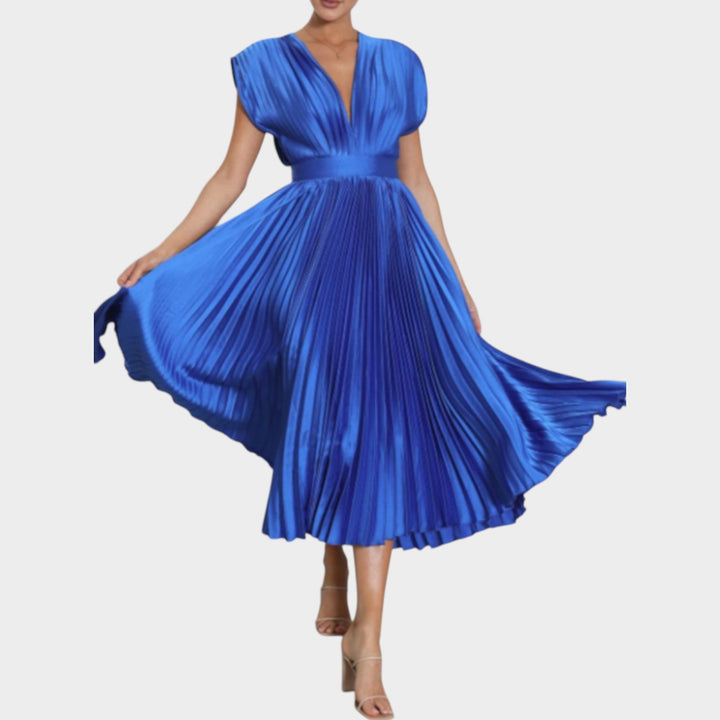 Pleated V-Neck Midi Dress