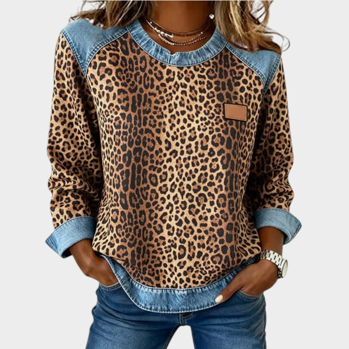 Women’s Leopard Print Denim Trim Top