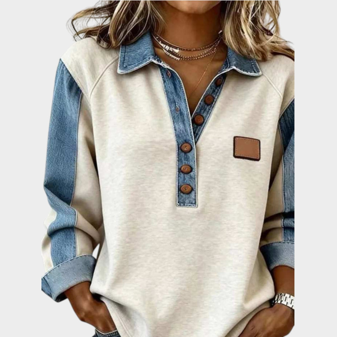 Women’s Denim Contrast Long-Sleeve Top