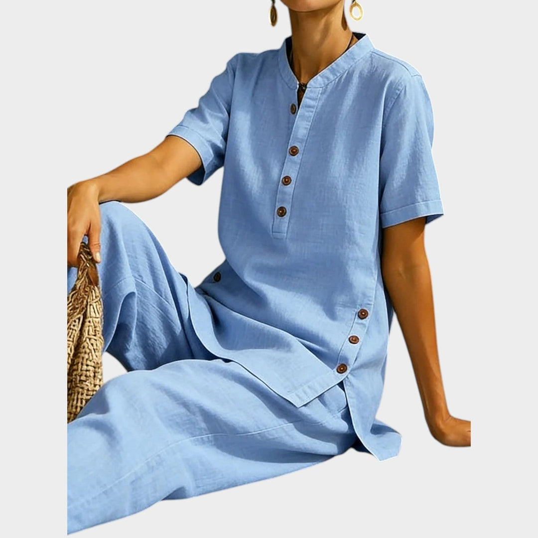 Chic Button-Detail Linen Set