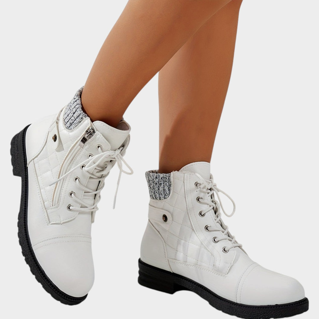 Women’s Ankle Boots Winter Plaid Embroidered Lace Up Side Zip