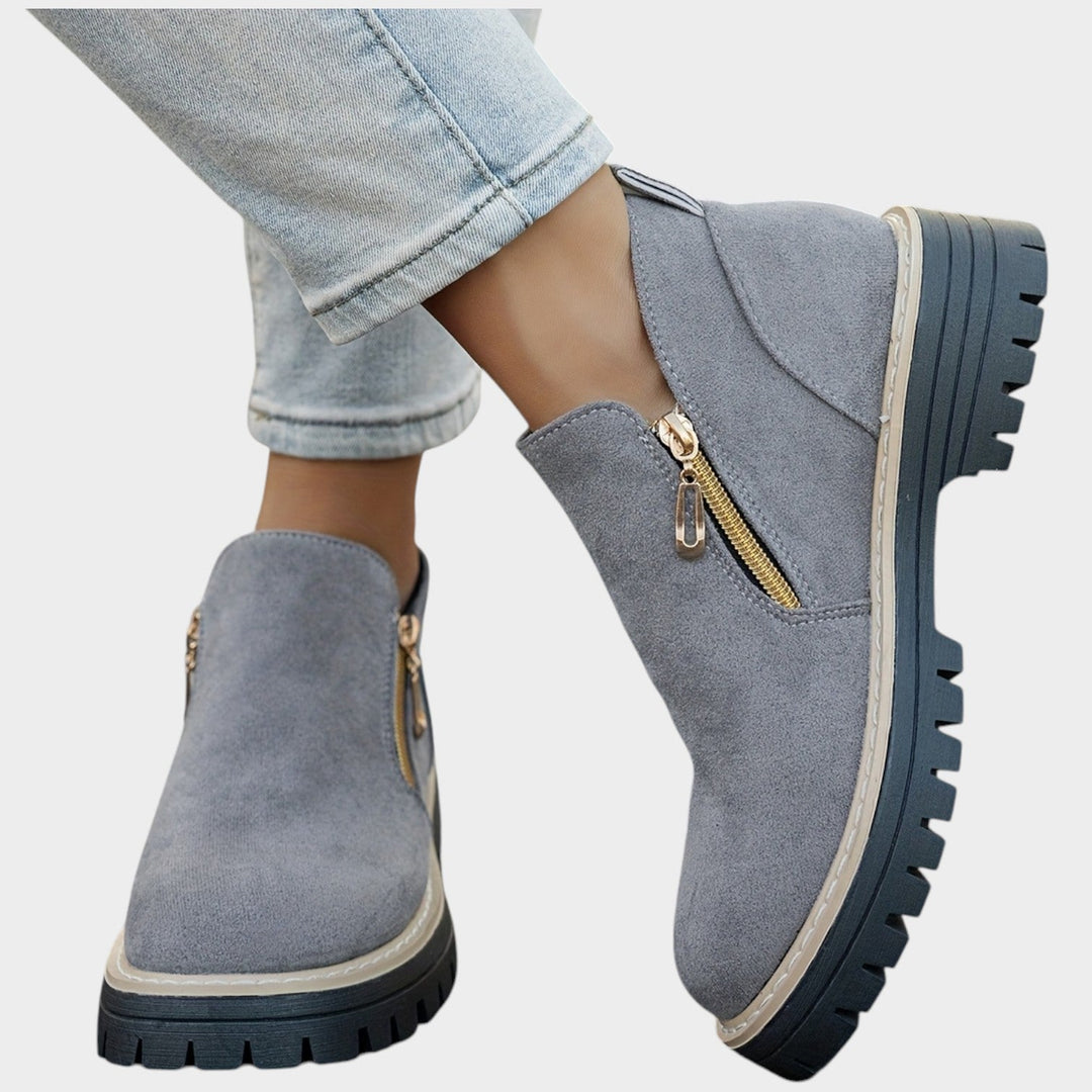 Women's Ankle Boots Double Zipper Thick Sole Solid Color